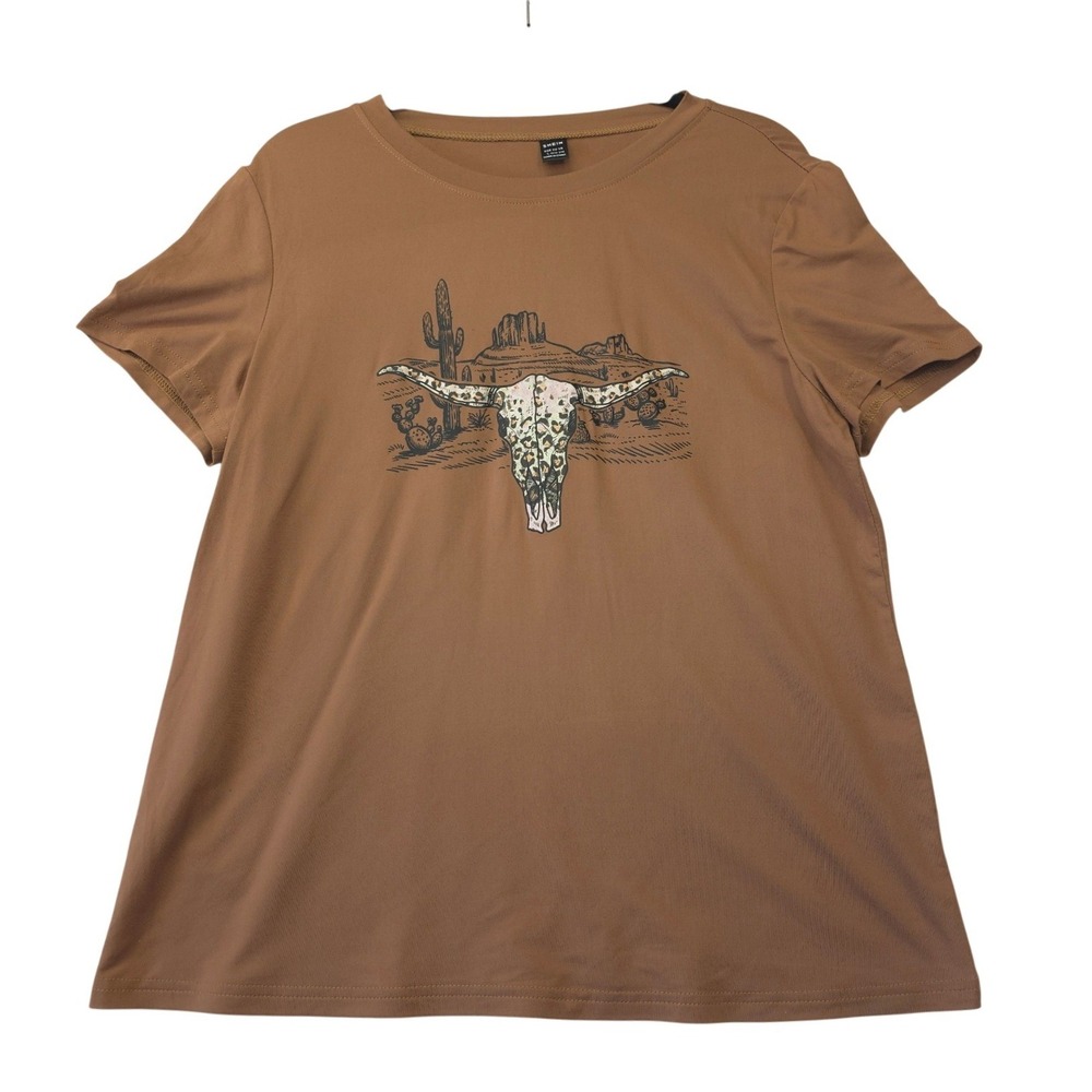 Brown Western Steer Skull Graphic T-Shirt Womens Large Desert Boho Rustic Rodeo